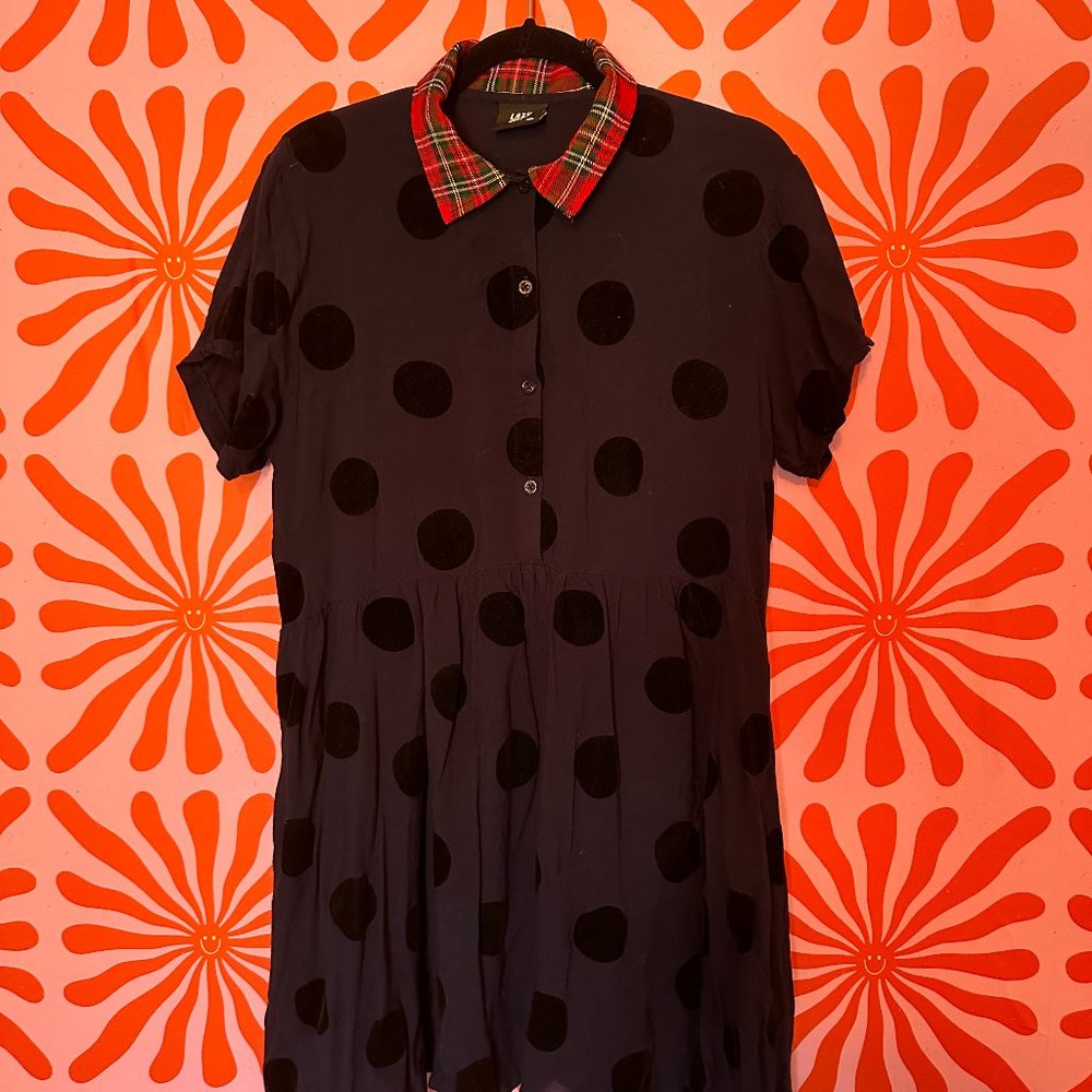ASOS Crazy Oaf Floka Navy Dress with Black Polka Dots & Plaid / Tartan Collar